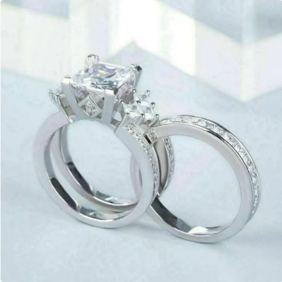 14K White Gold Guard Bridal Set 2 Ct whiskey Quartz Princess Cut Ring Set Sz 8 - Picture 10 of 12